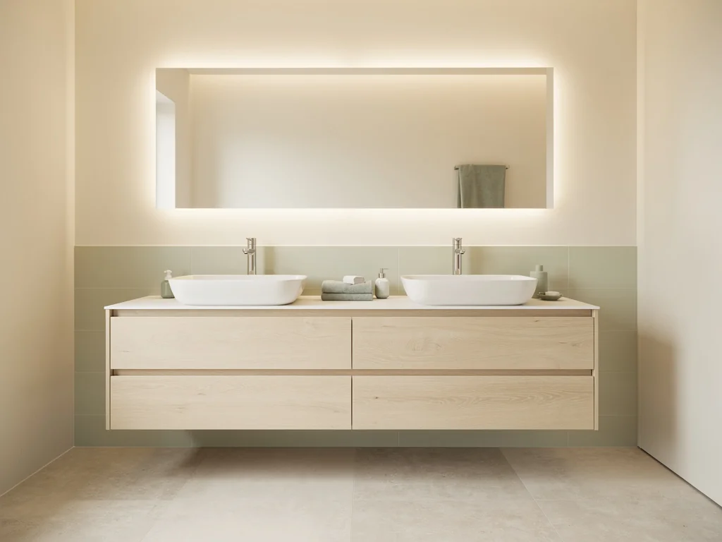 Meuble double vasque suspendu et grand miroir rétroéclairé LED