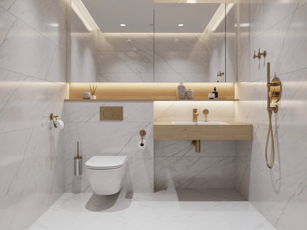 Salle de bain contemporaine, carrelage effet marbre et finitions laiton